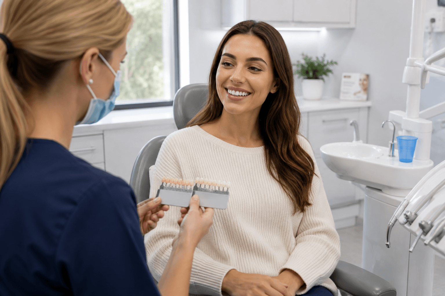 Professional shade guide assessment comparing natural tooth color against whitening results for customized teeth whitening treatment plan